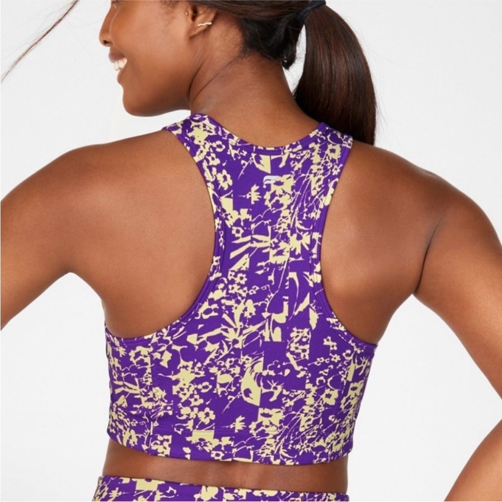 Fabletics Deva Midi Medium-Impact Sports Bra Purple Neon Yellow Floral Breakdown